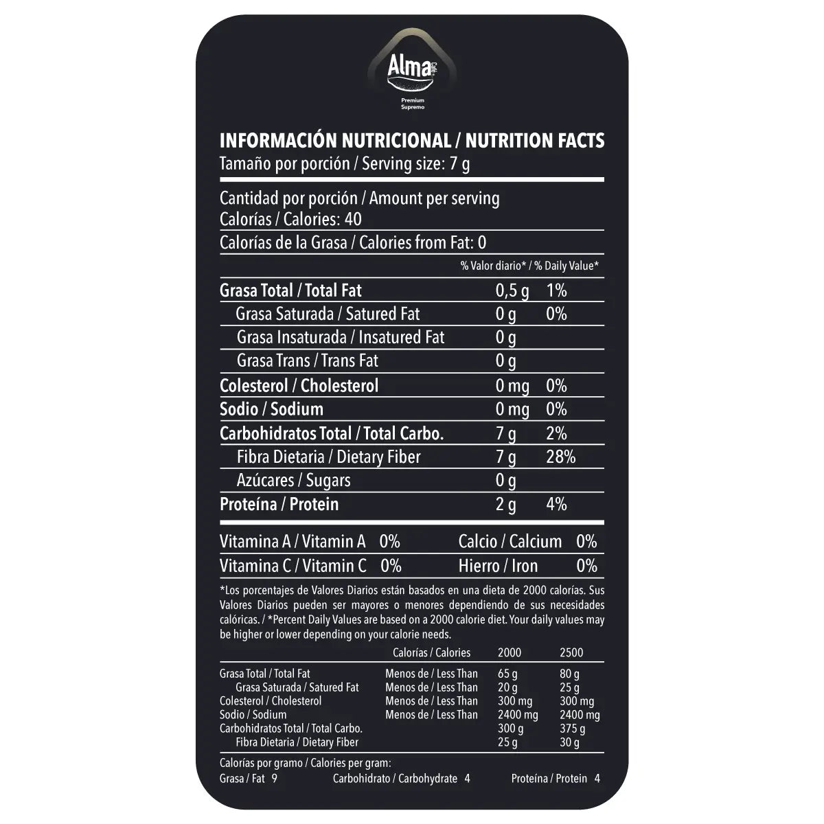 Tabla de la información nutricional del Café Alma